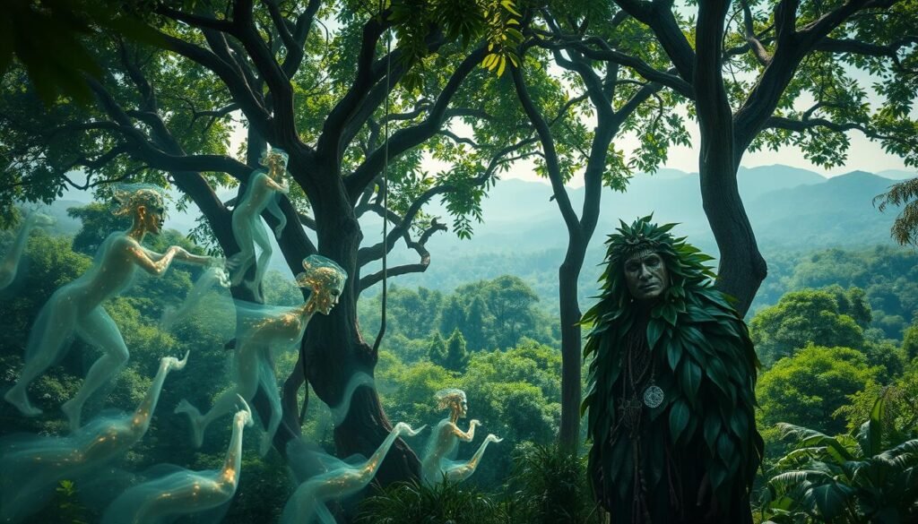A mystical, ethereal scene of Amazon spirits amid the lush, verdant jungle. In the foreground, a shaman figure shrouded in a cloak of shimmering leaves and branches, their face obscured by a mask of intricately carved wood. Surrounding them, wisps of iridescent mist coalesce into ghostly, humanoid forms, their movements fluid and otherworldly. In the middle ground, towering, ancient trees with twisted, gnarled trunks reach up towards a canopy of vibrant, verdant foliage, dappled sunlight filtering through. In the background, a distant horizon of rolling hills and mountains, cloaked in a hazy, dreamlike atmosphere. The overall mood is one of deep, spiritual connection to the natural world, the veil between the physical and the mystical thin and porous.